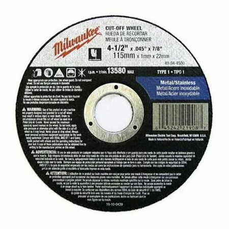 MILWAUKEE TOOL 4 1/2 in. X .045 X 7/8 in. Arbor A60T Metal Cut-Off Wheel Type 1 ML49-94-4500